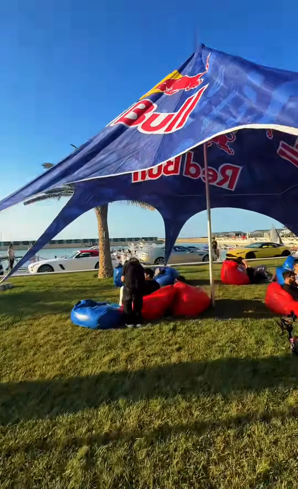 Шатёр Red Bull и кресла-мешки на газоне